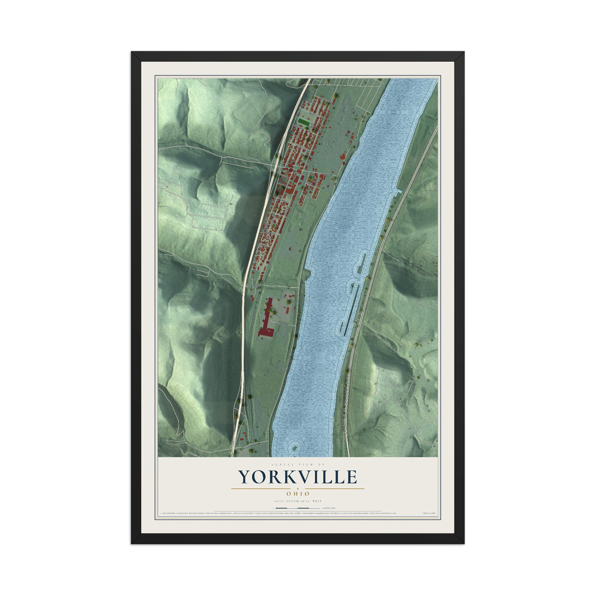 Map of Yorkville, Ohio, 12 x 18 inch print in a black wood frame