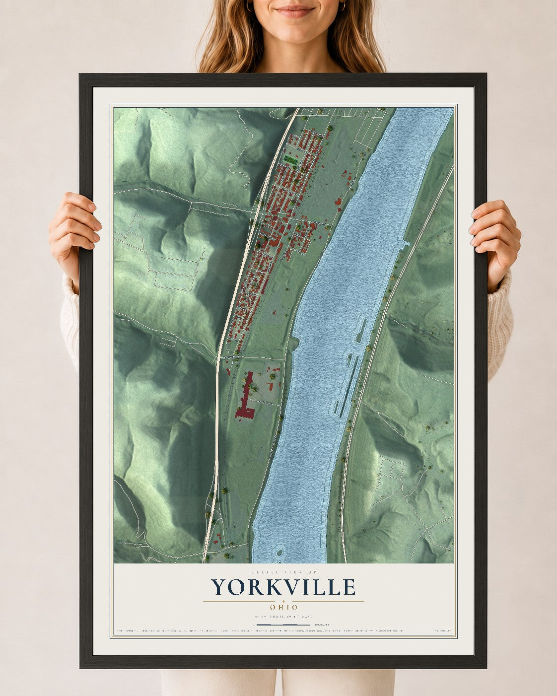 Map of Yorkville, Ohio, 24 x 36 inch print in a black wood frame