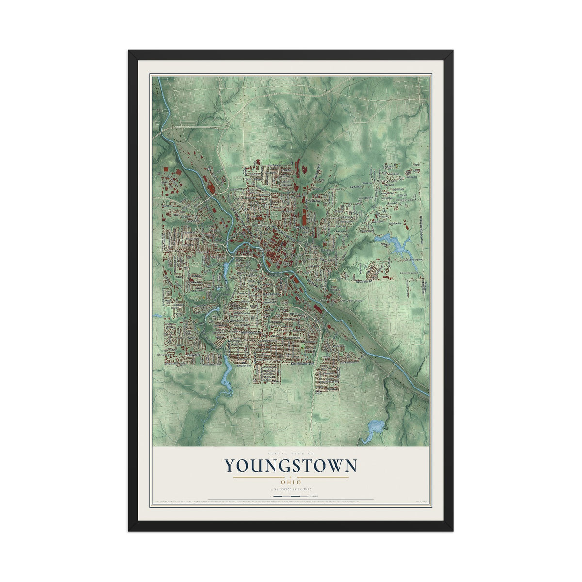 Map of Youngstown, Ohio, 12 x 18 inch print in a black wood frame