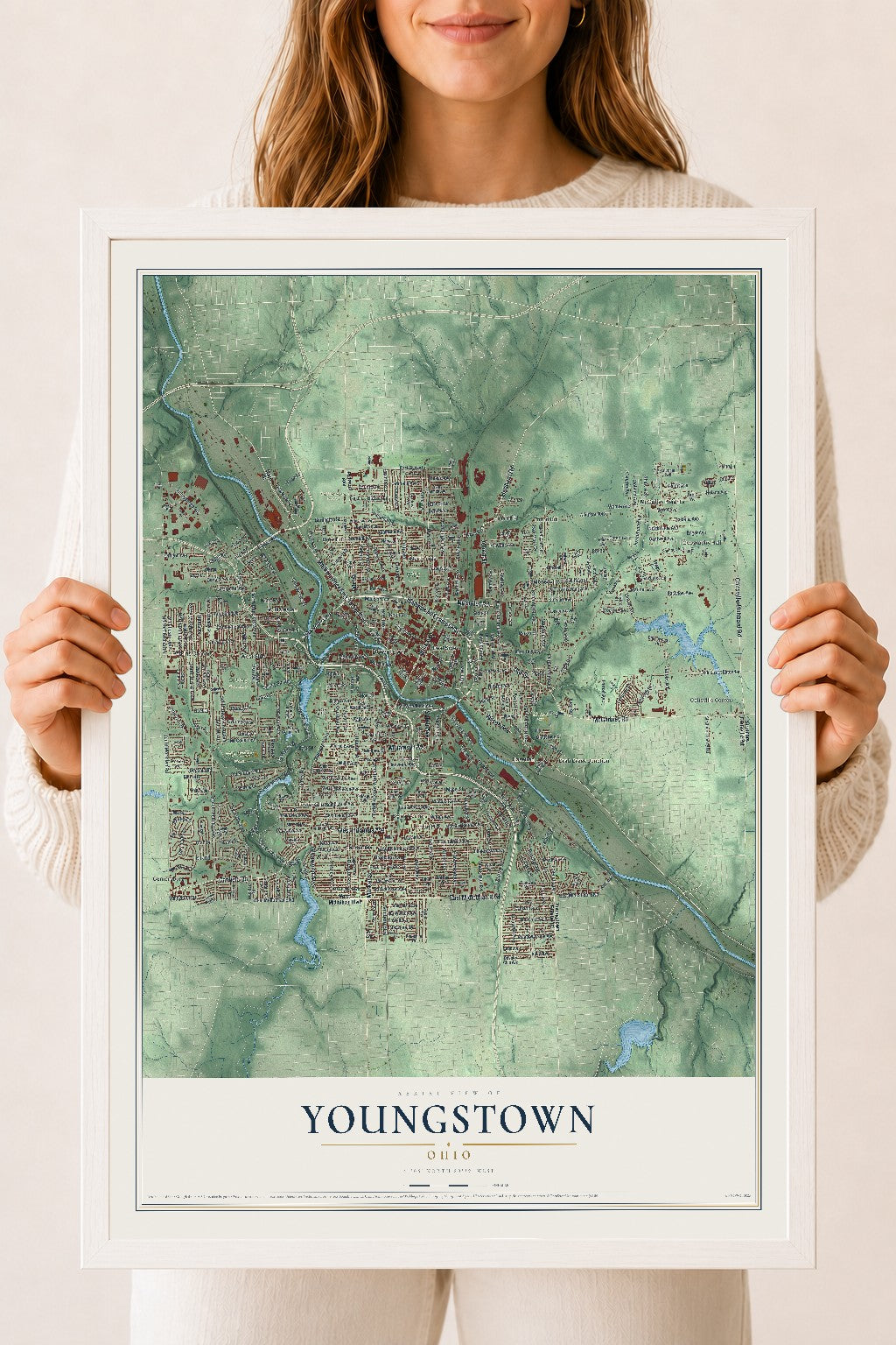 Map of Youngstown, Ohio, 18 x 24 inch print in a white wood frame