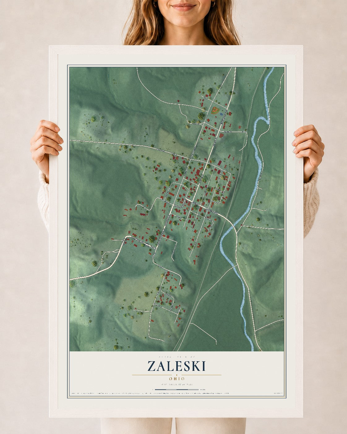 Map of Zaleski, Ohio, 24 x 36 inch print in a white wood frame