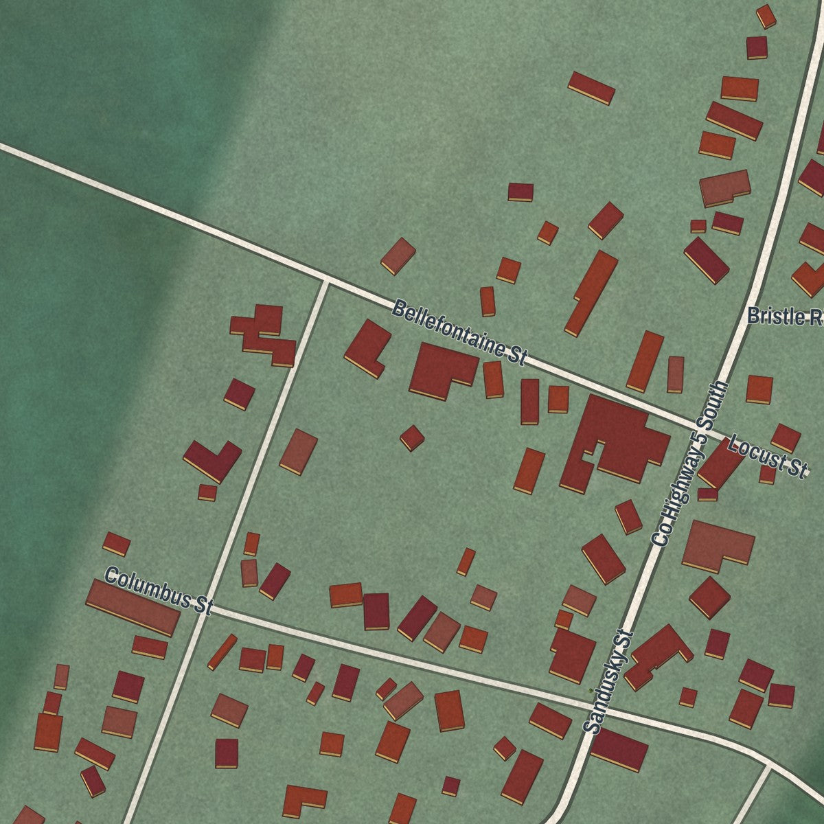 Close-up of the map of Zanesfield, Ohio print showing street and building detail