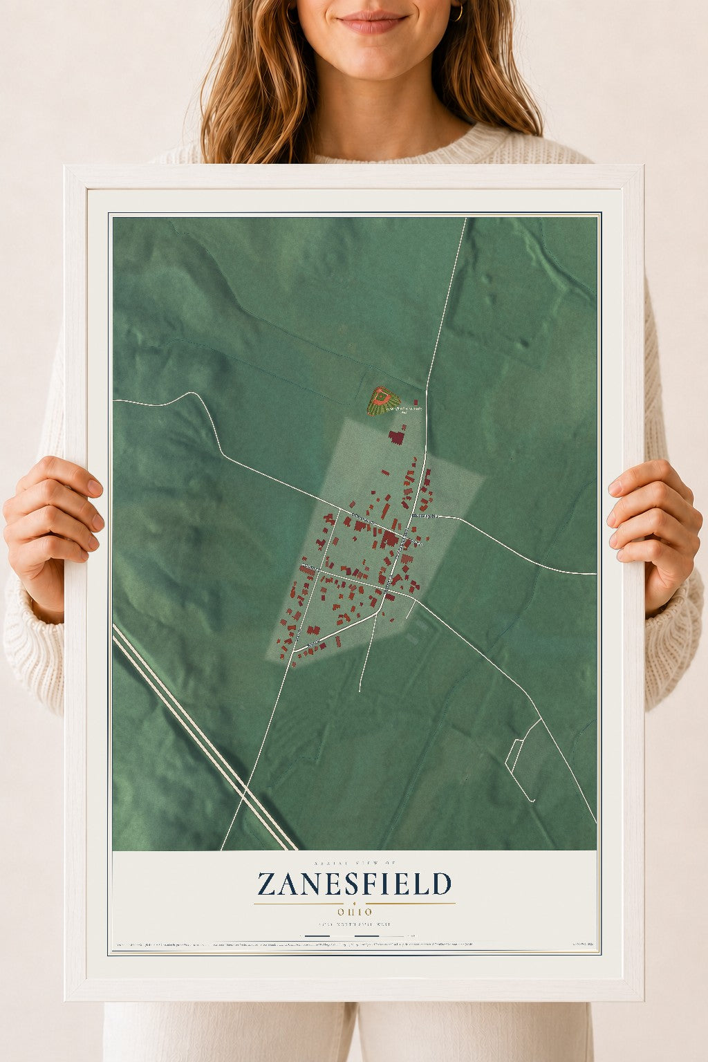 Map of Zanesfield, Ohio, 18 x 24 inch print in a white wood frame
