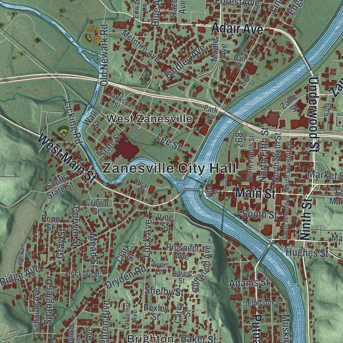 Close-up of the map of Zanesville, Ohio print showing street and building detail