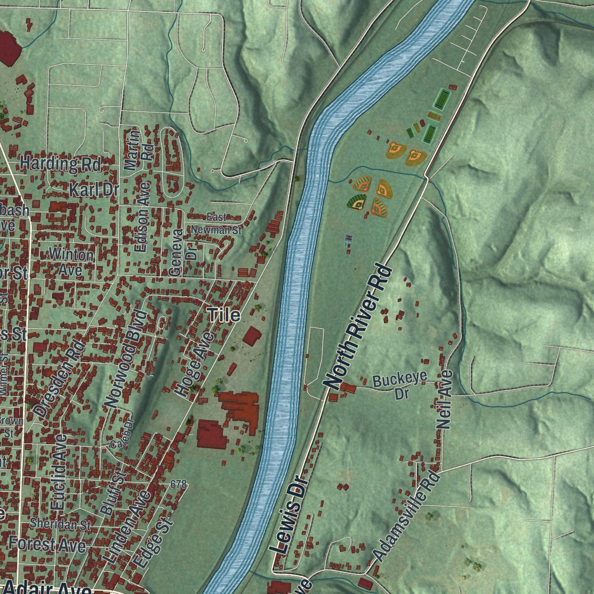 Second close-up of the map of Zanesville, Ohio print showing more streets and buildings