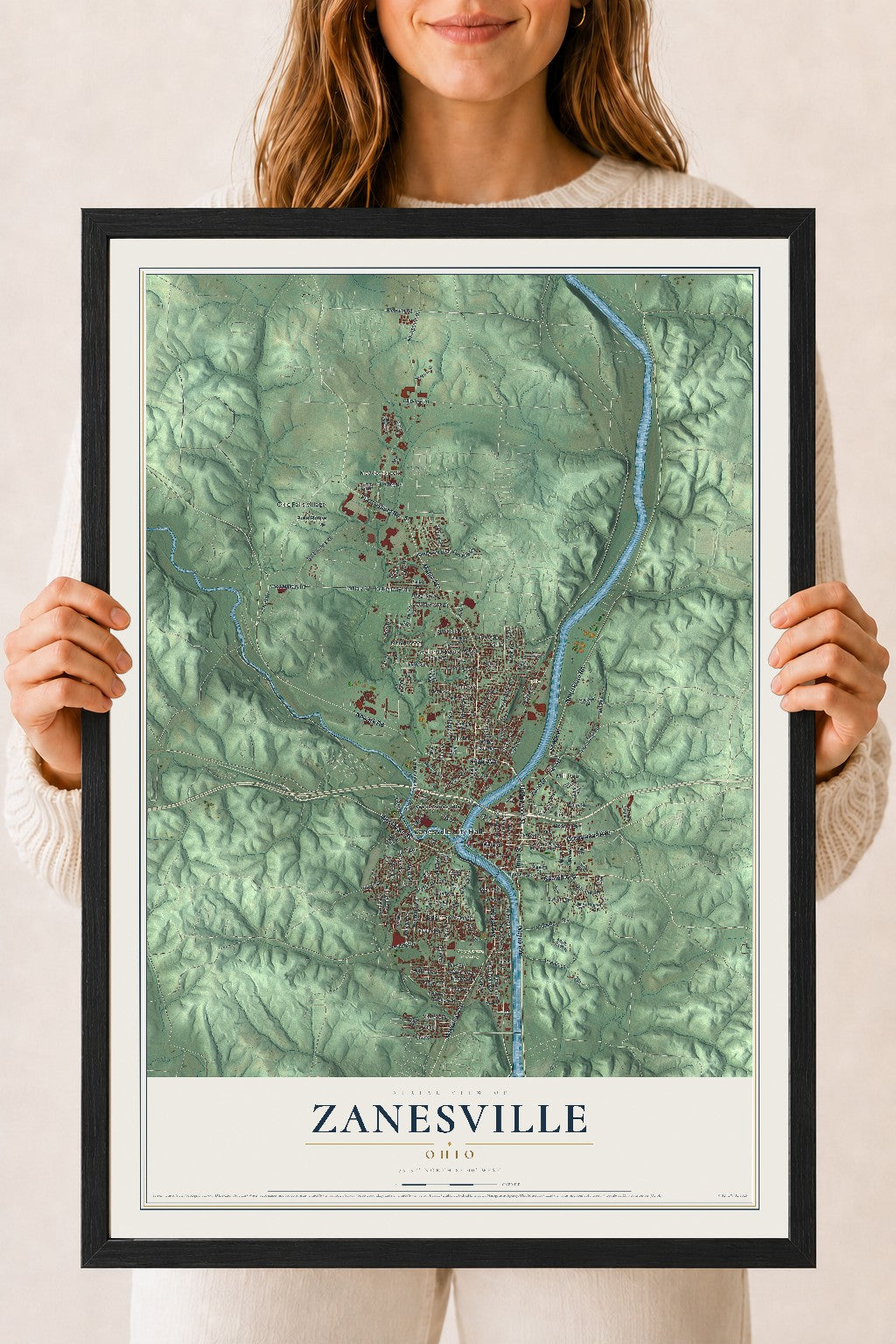 Map of Zanesville, Ohio, 18 x 24 inch print in a black wood frame