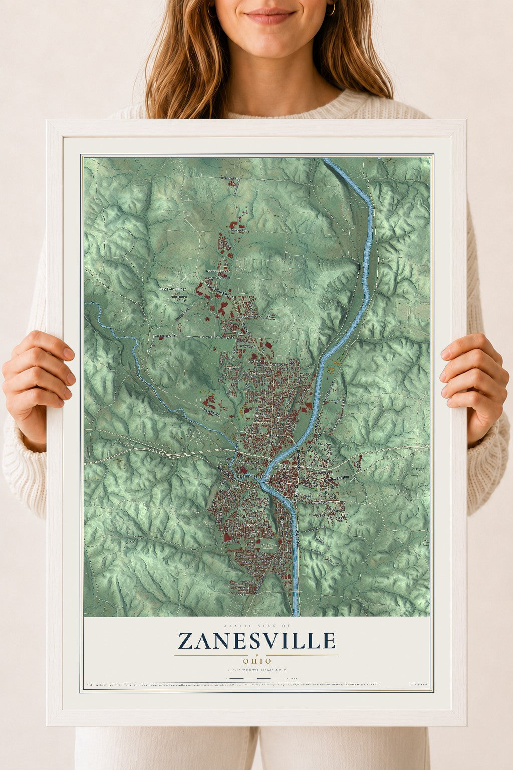 Map of Zanesville, Ohio, 18 x 24 inch print in a white wood frame