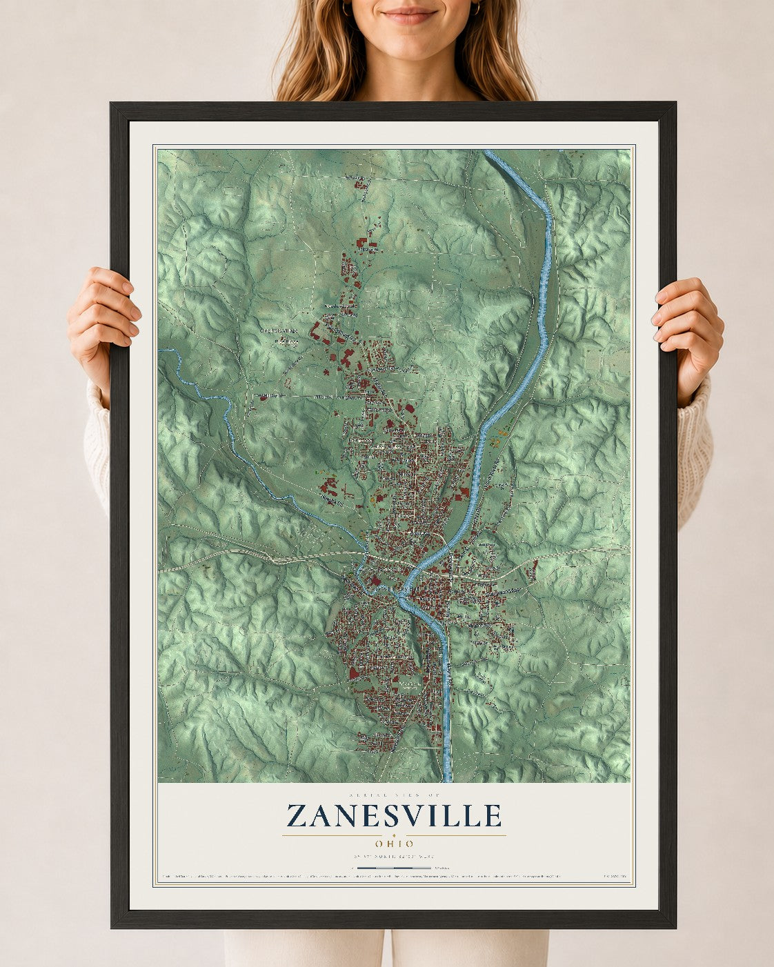 Map of Zanesville, Ohio, 24 x 36 inch print in a black wood frame