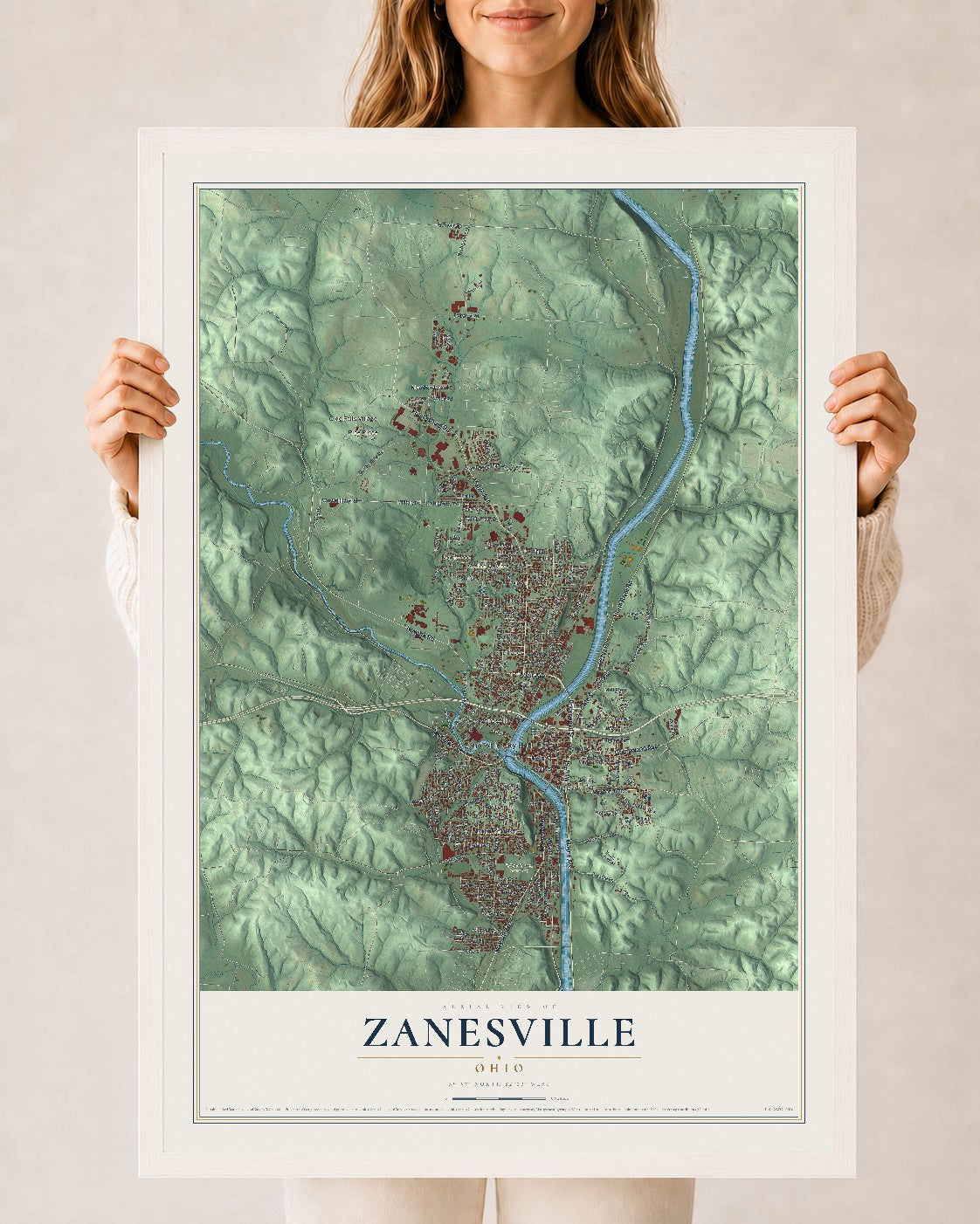 Map of Zanesville, Ohio, 24 x 36 inch print in a white wood frame