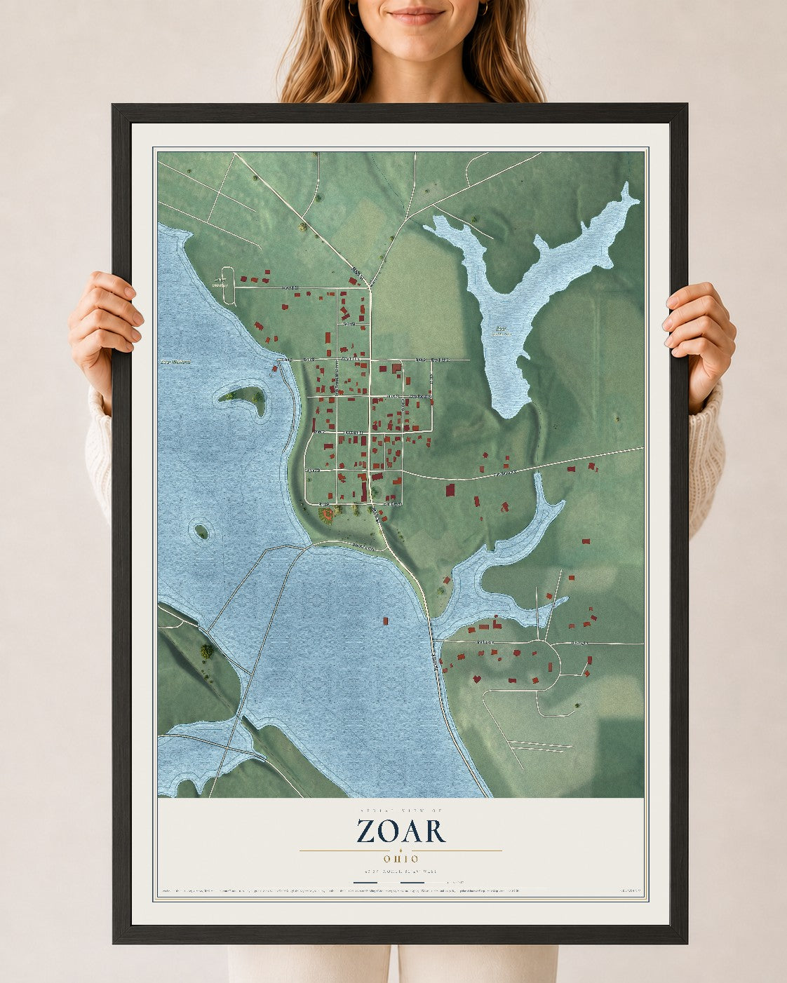 Map of Zoar, Ohio, 24 x 36 inch print in a black wood frame