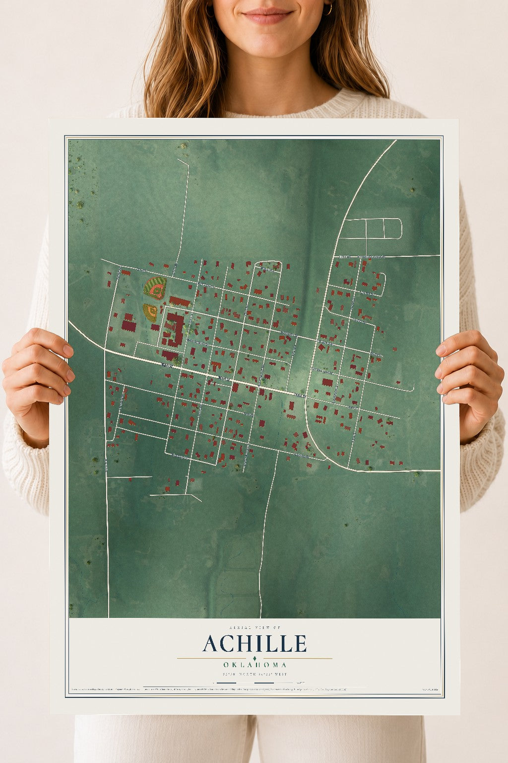 Map of Achille, Oklahoma, 18 x 24 inch unframed archival matte print