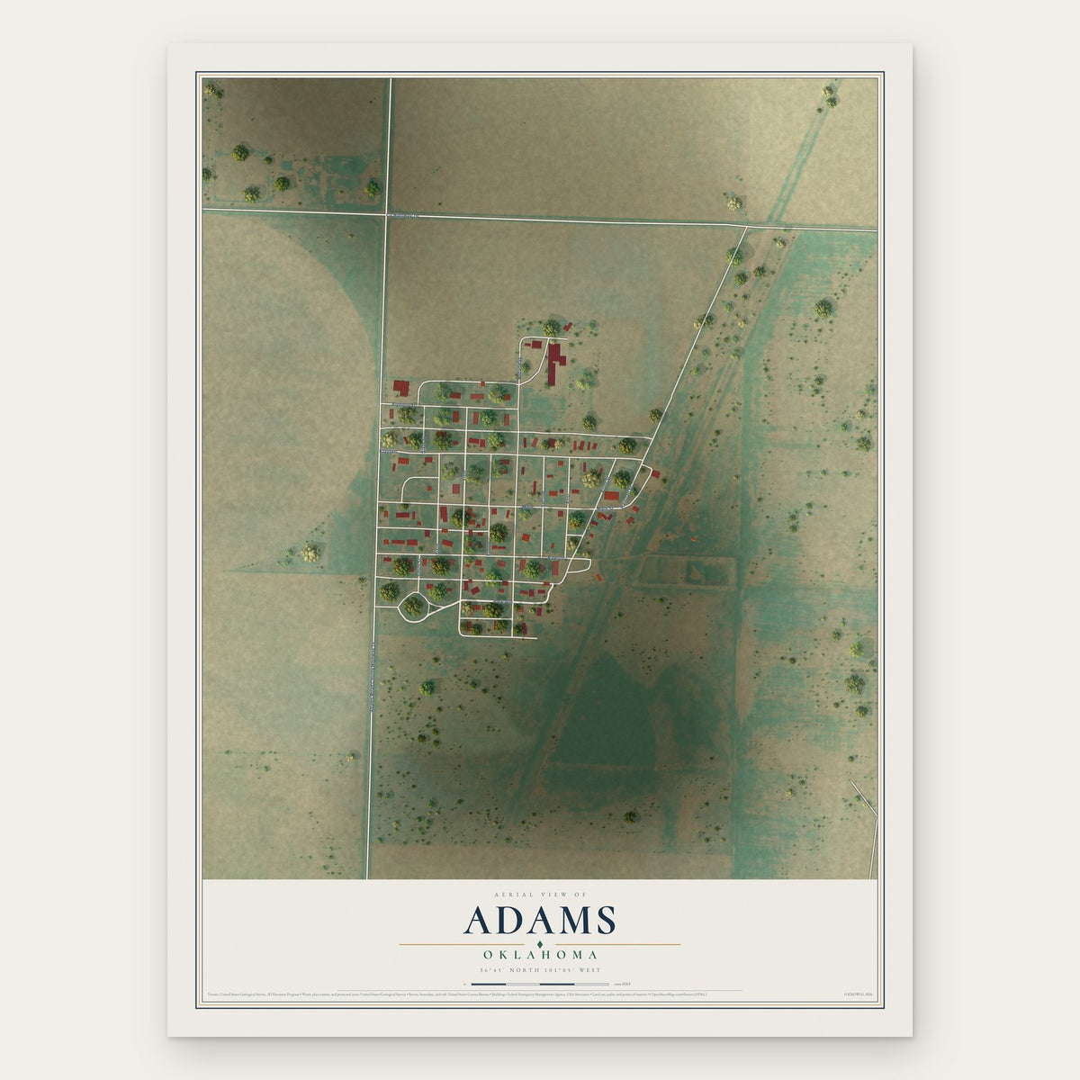 Adams, Oklahoma map print, the full design