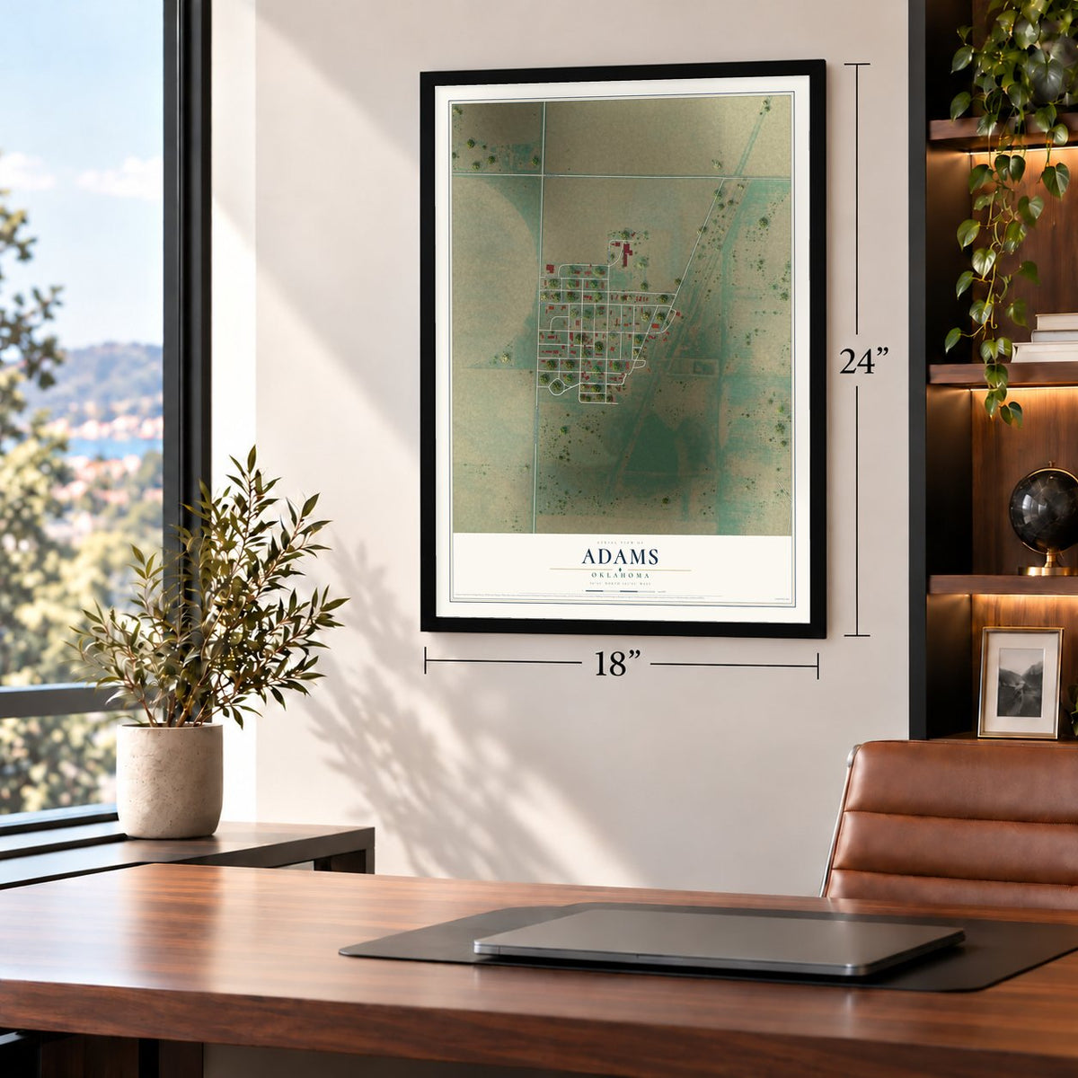 Adams, Oklahoma map, 18 x 24 inch print in a black frame in a home office