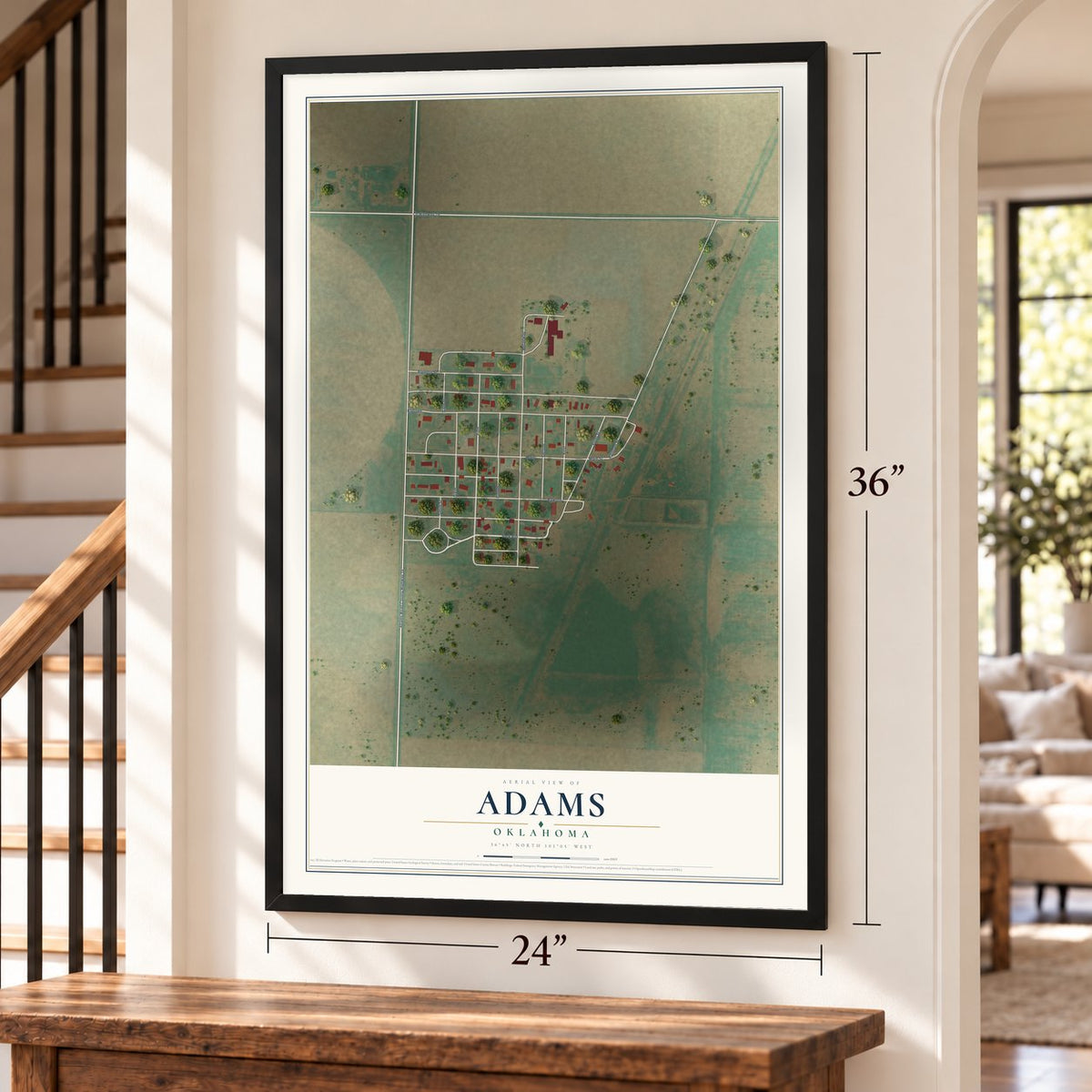 Adams, Oklahoma map, 24 x 36 inch print in a black frame by a staircase