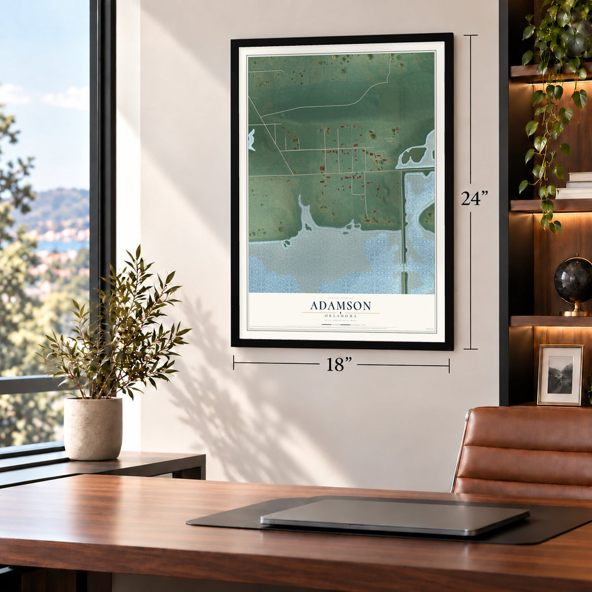 Adamson, Oklahoma map, 18 x 24 inch print in a black frame in a home office