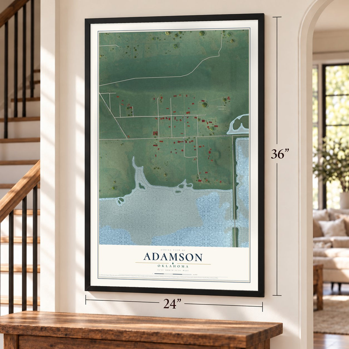 Adamson, Oklahoma map, 24 x 36 inch print in a black frame by a staircase