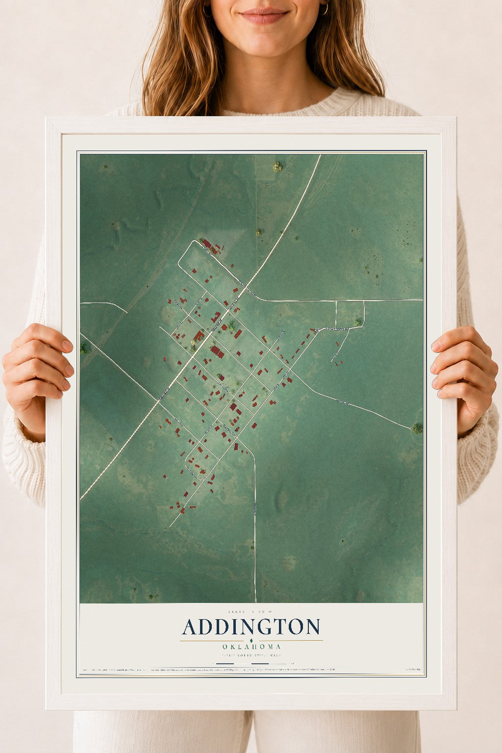 Map of Addington, Oklahoma, 18 x 24 inch print in a white wood frame