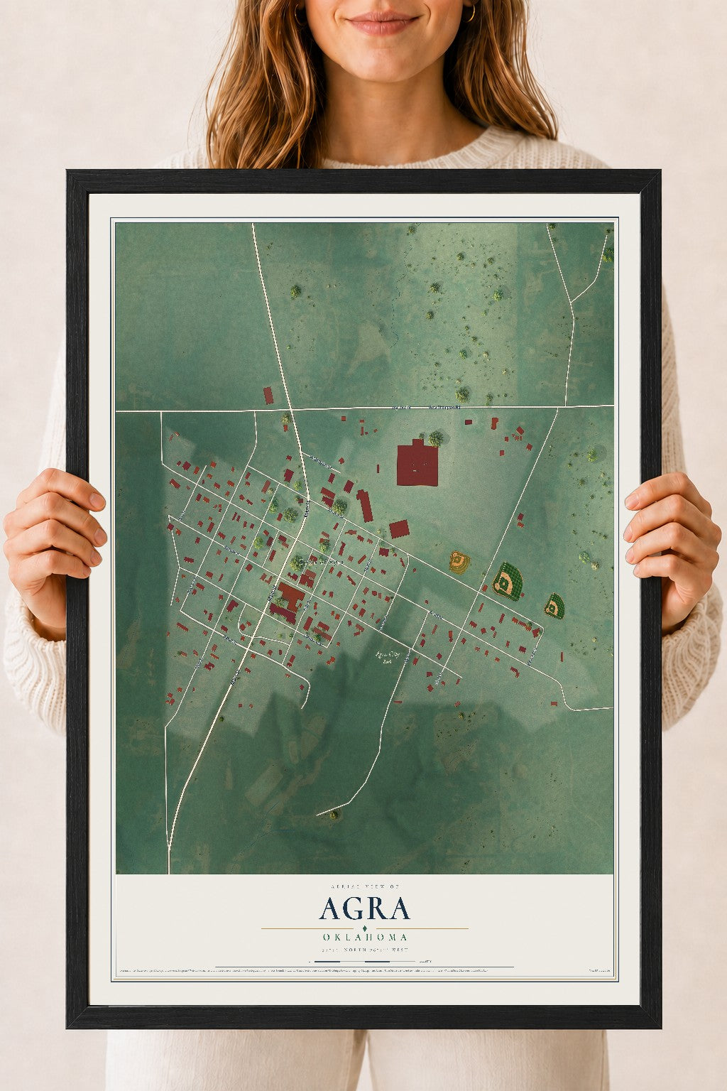 Map of Agra, Oklahoma, 18 x 24 inch print in a black wood frame