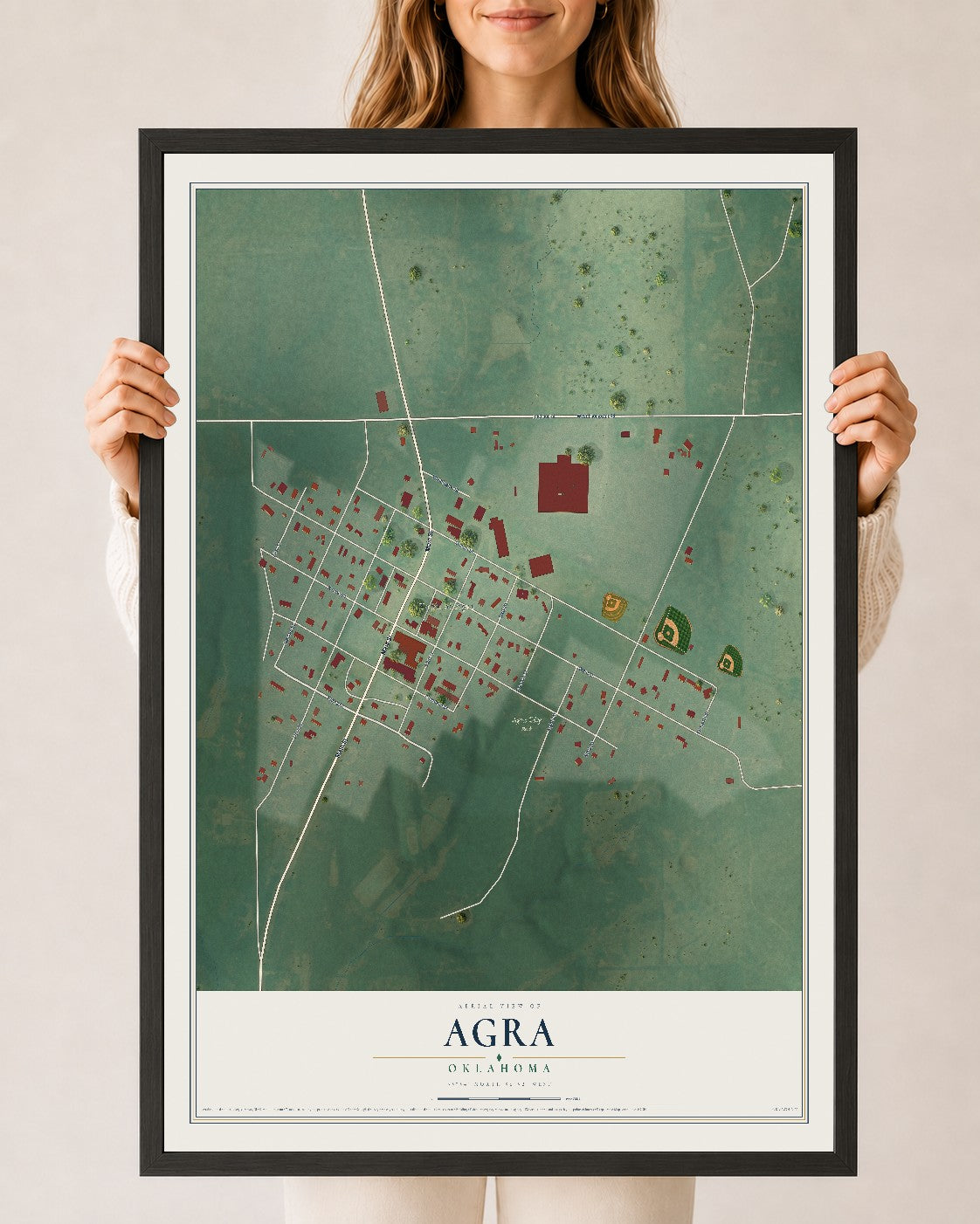 Map of Agra, Oklahoma, 24 x 36 inch print in a black wood frame