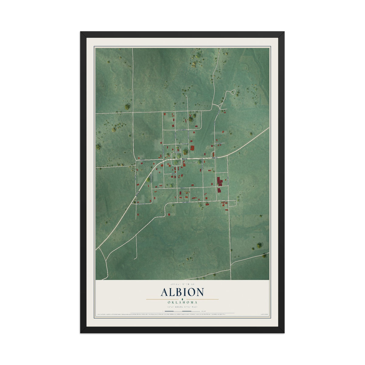 Map of Albion, Oklahoma, 12 x 18 inch print in a black wood frame