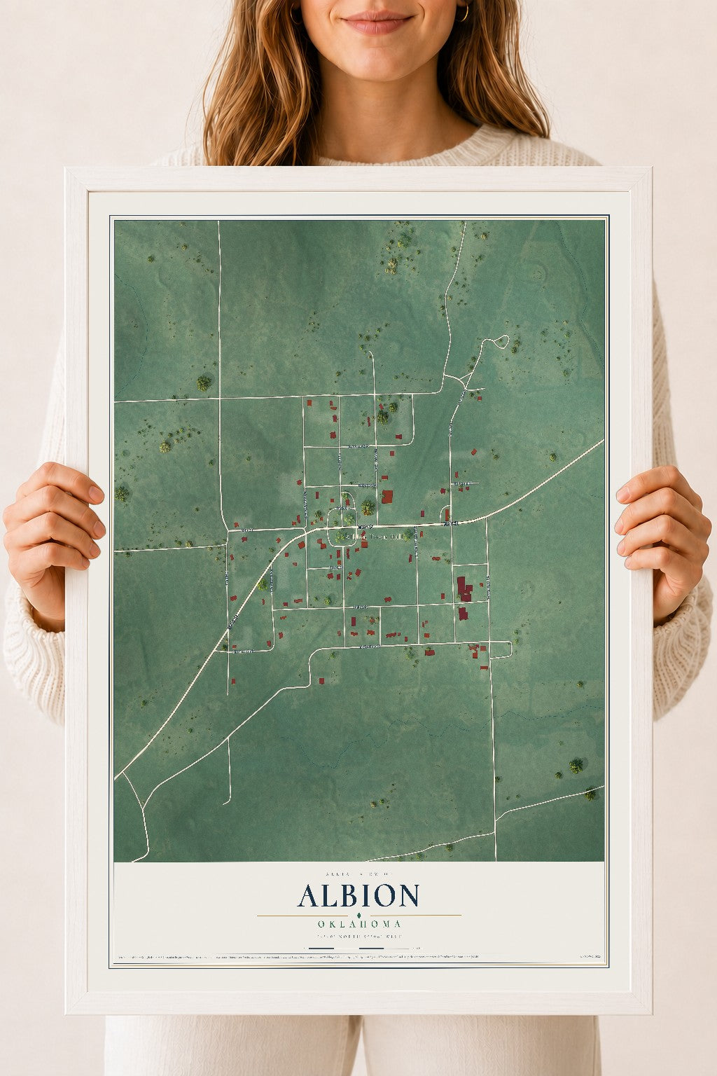 Map of Albion, Oklahoma, 18 x 24 inch print in a white wood frame