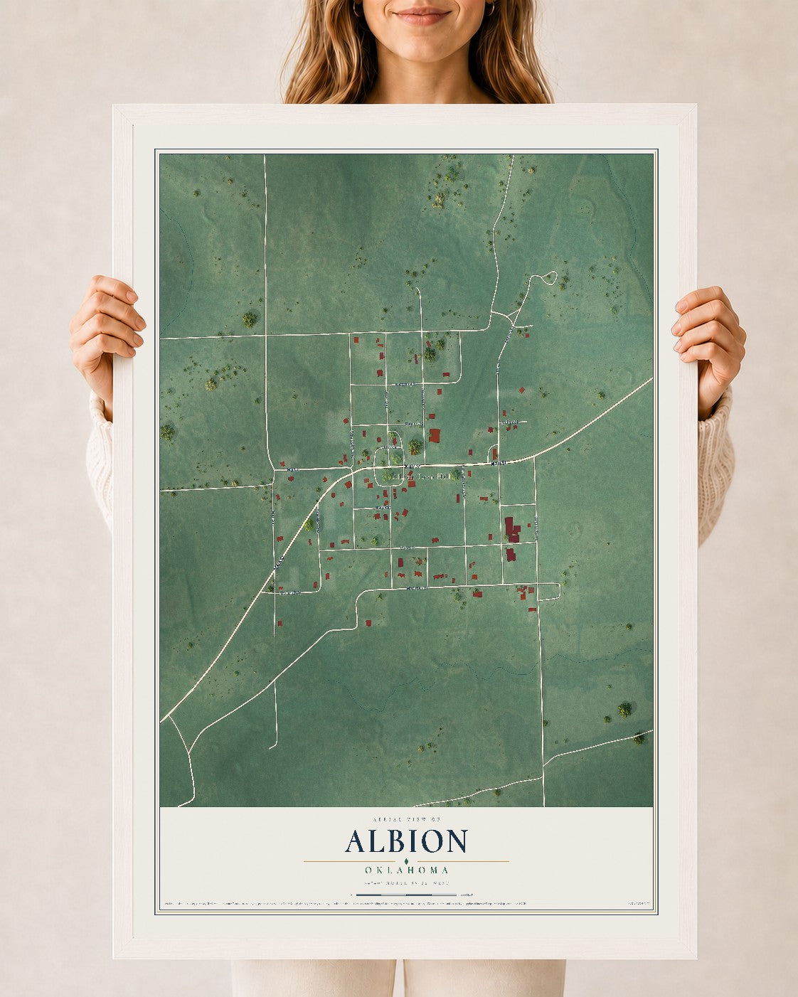 Map of Albion, Oklahoma, 24 x 36 inch print in a white wood frame