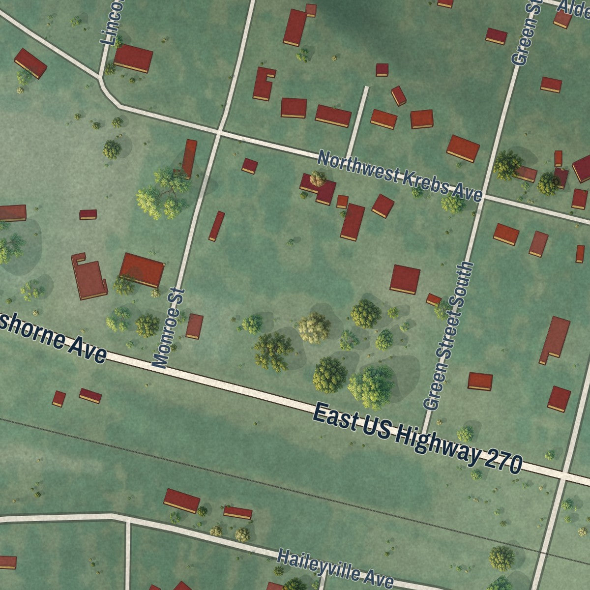 Close-up of the map of Alderson, Oklahoma print showing street and building detail