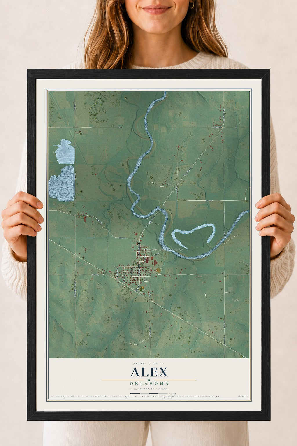 Map of Alex, Oklahoma, 18 x 24 inch print in a black wood frame