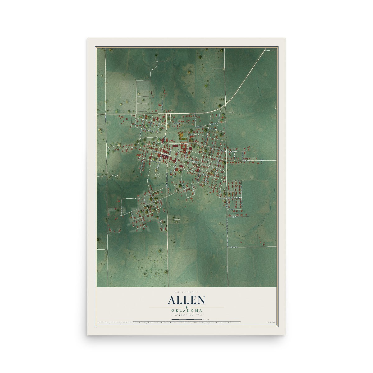 Map of Allen, Oklahoma, 12 x 18 inch unframed archival matte print