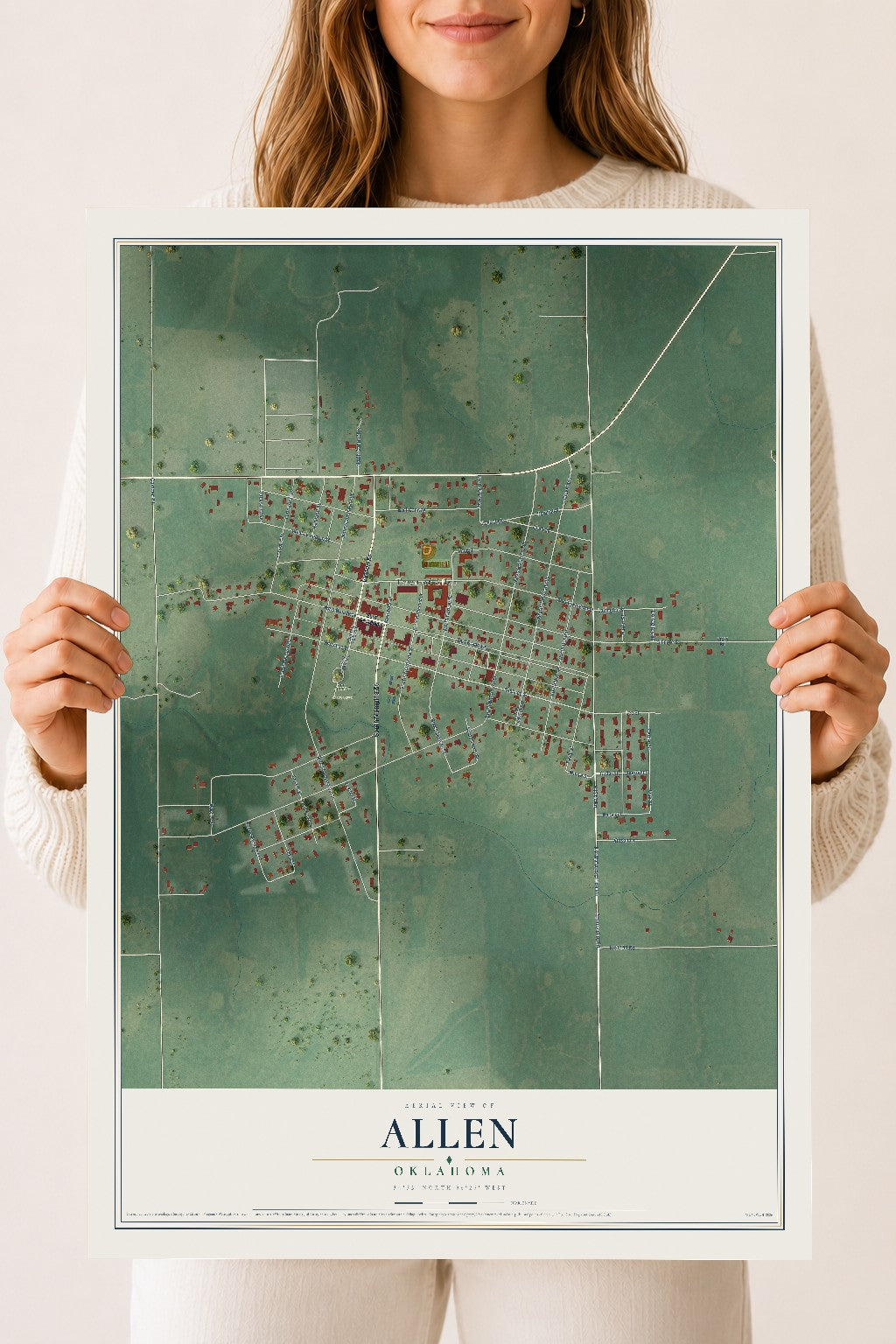 Map of Allen, Oklahoma, 18 x 24 inch unframed archival matte print