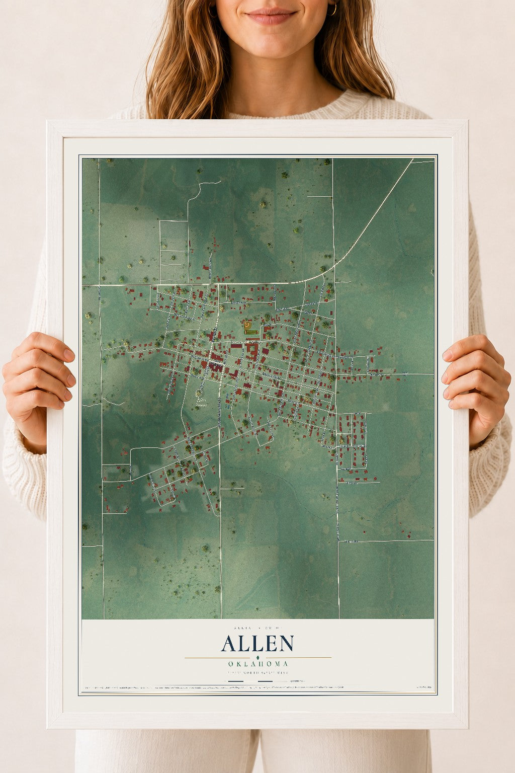Map of Allen, Oklahoma, 18 x 24 inch print in a white wood frame