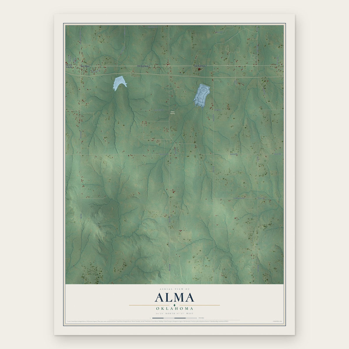 Alma, Oklahoma map print, the full design