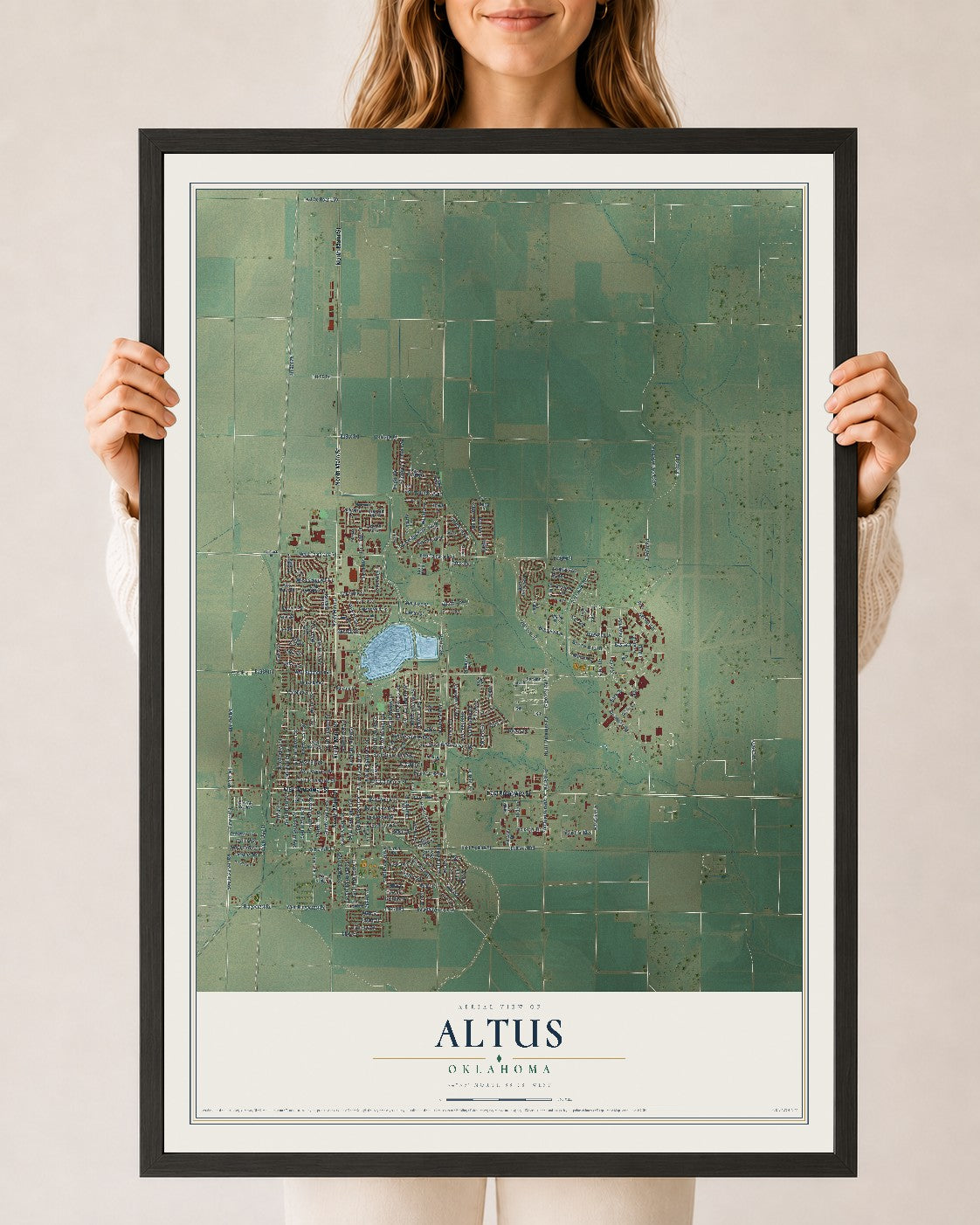 Map of Altus, Oklahoma, 24 x 36 inch print in a black wood frame