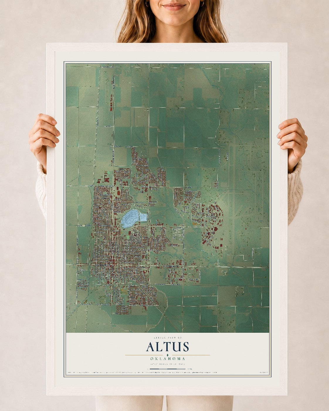 Map of Altus, Oklahoma, 24 x 36 inch print in a white wood frame