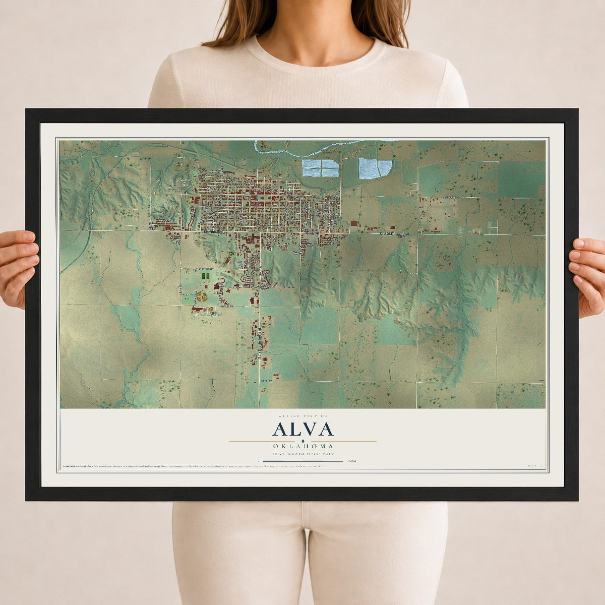 Map of Alva, Oklahoma, 18 x 24 inch print in a black wood frame