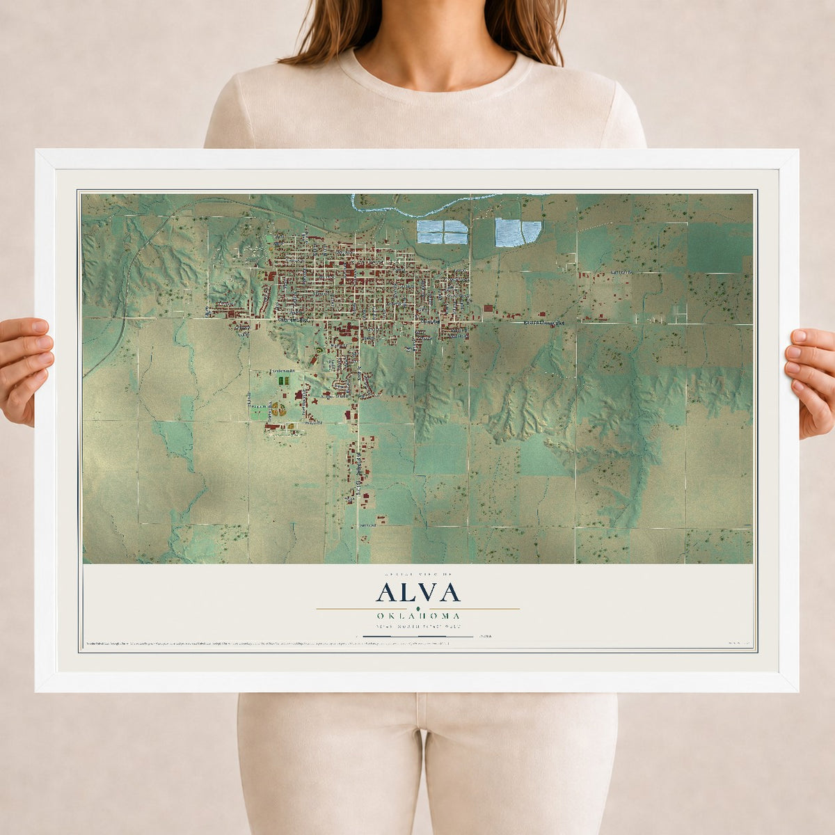 Map of Alva, Oklahoma, 18 x 24 inch print in a white wood frame
