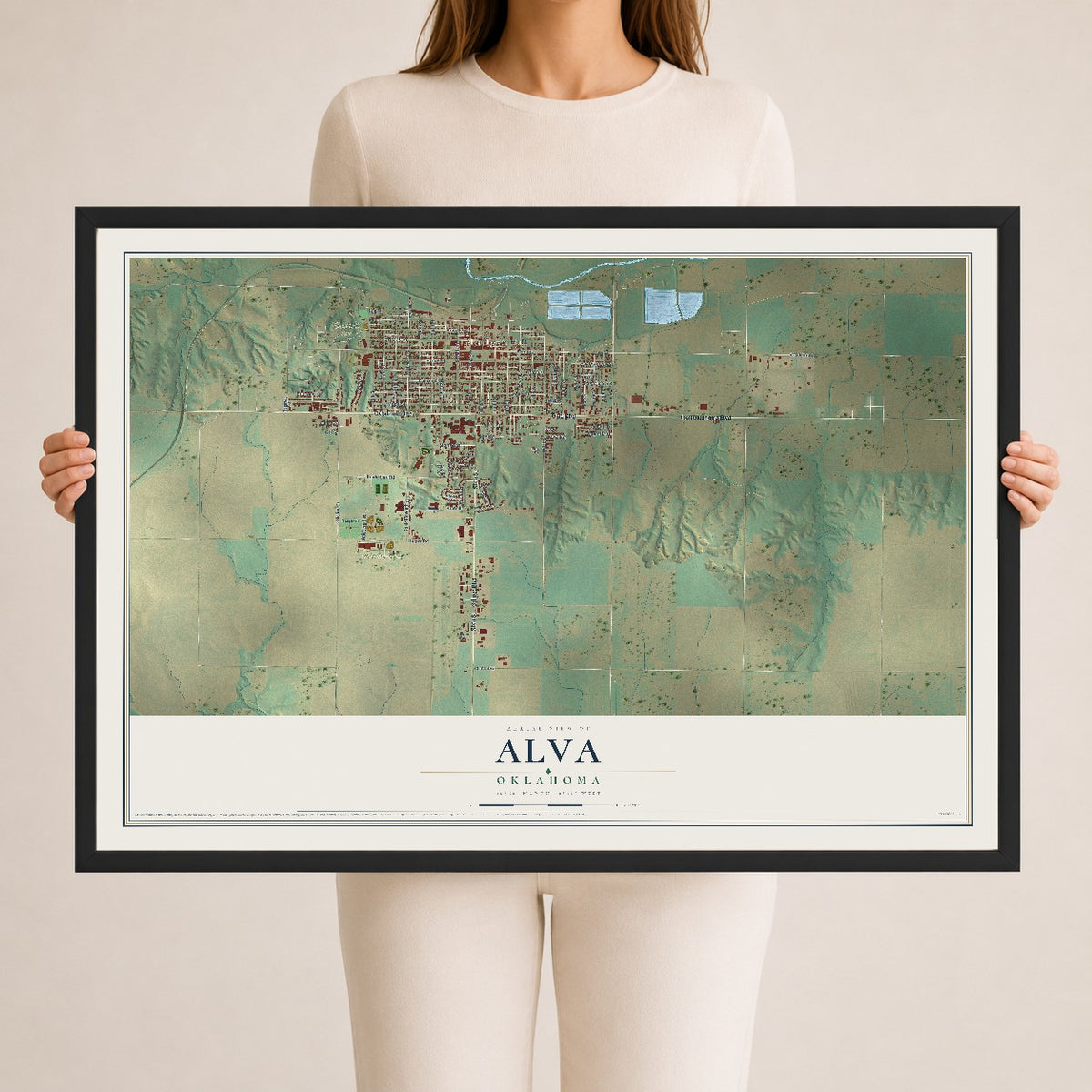Map of Alva, Oklahoma, 24 x 36 inch print in a black wood frame