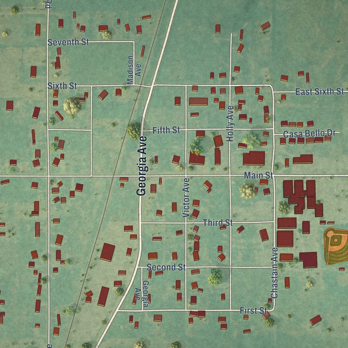 Close-up of the map of Amber, Oklahoma print showing street and building detail