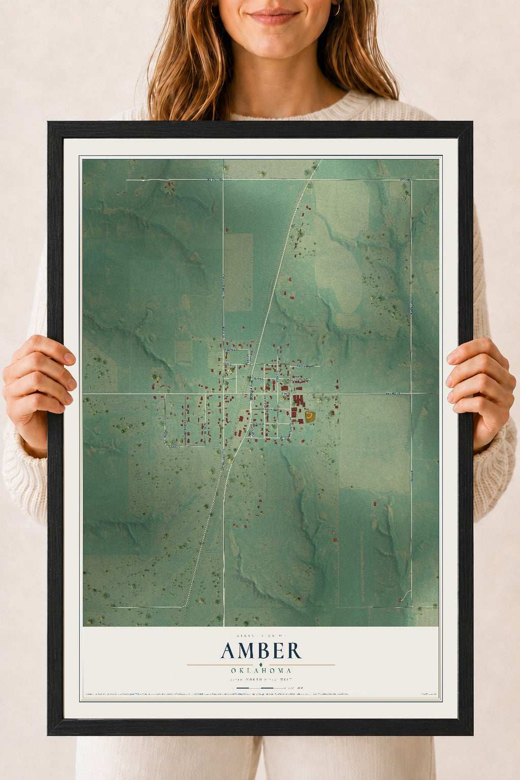 Map of Amber, Oklahoma, 18 x 24 inch print in a black wood frame