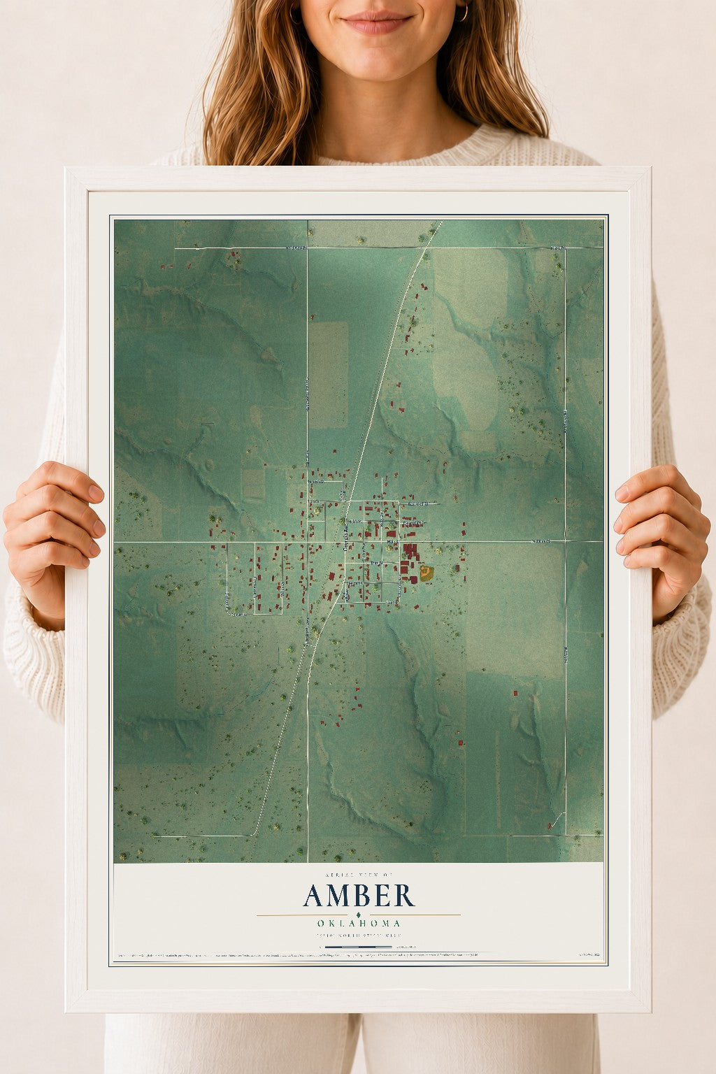 Map of Amber, Oklahoma, 18 x 24 inch print in a white wood frame