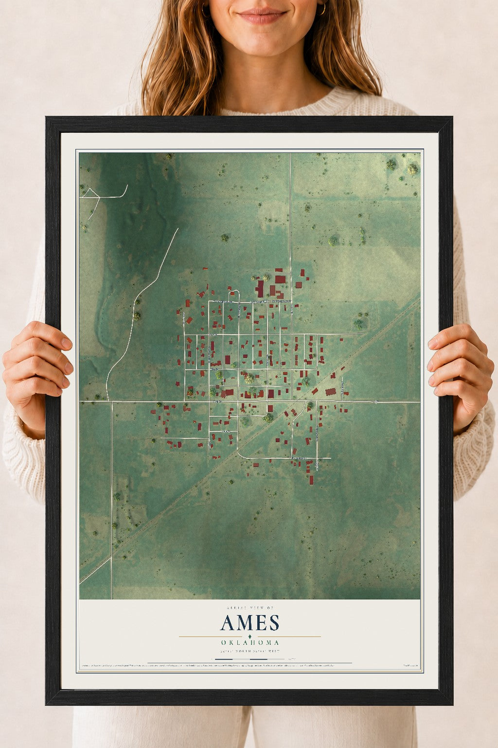 Map of Ames, Oklahoma, 18 x 24 inch print in a black wood frame