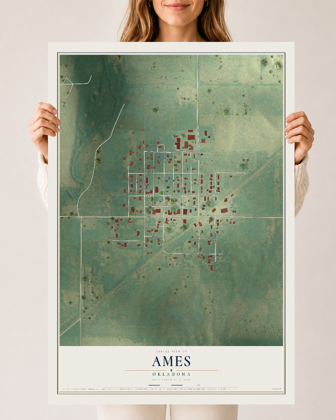 Map of Ames, Oklahoma, 24 x 36 inch unframed archival matte print