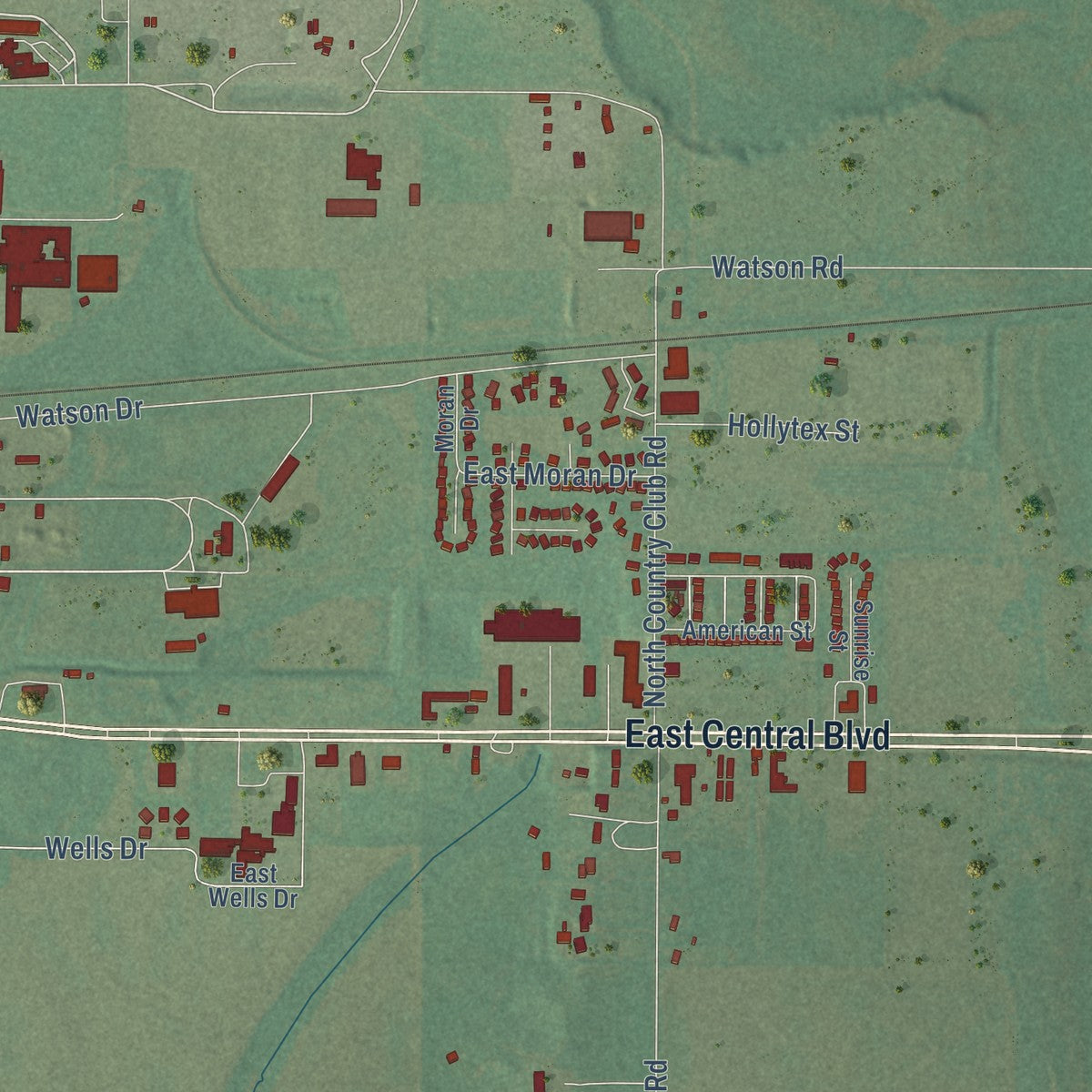 Second close-up of the map of Anadarko, Oklahoma print showing more streets and buildings