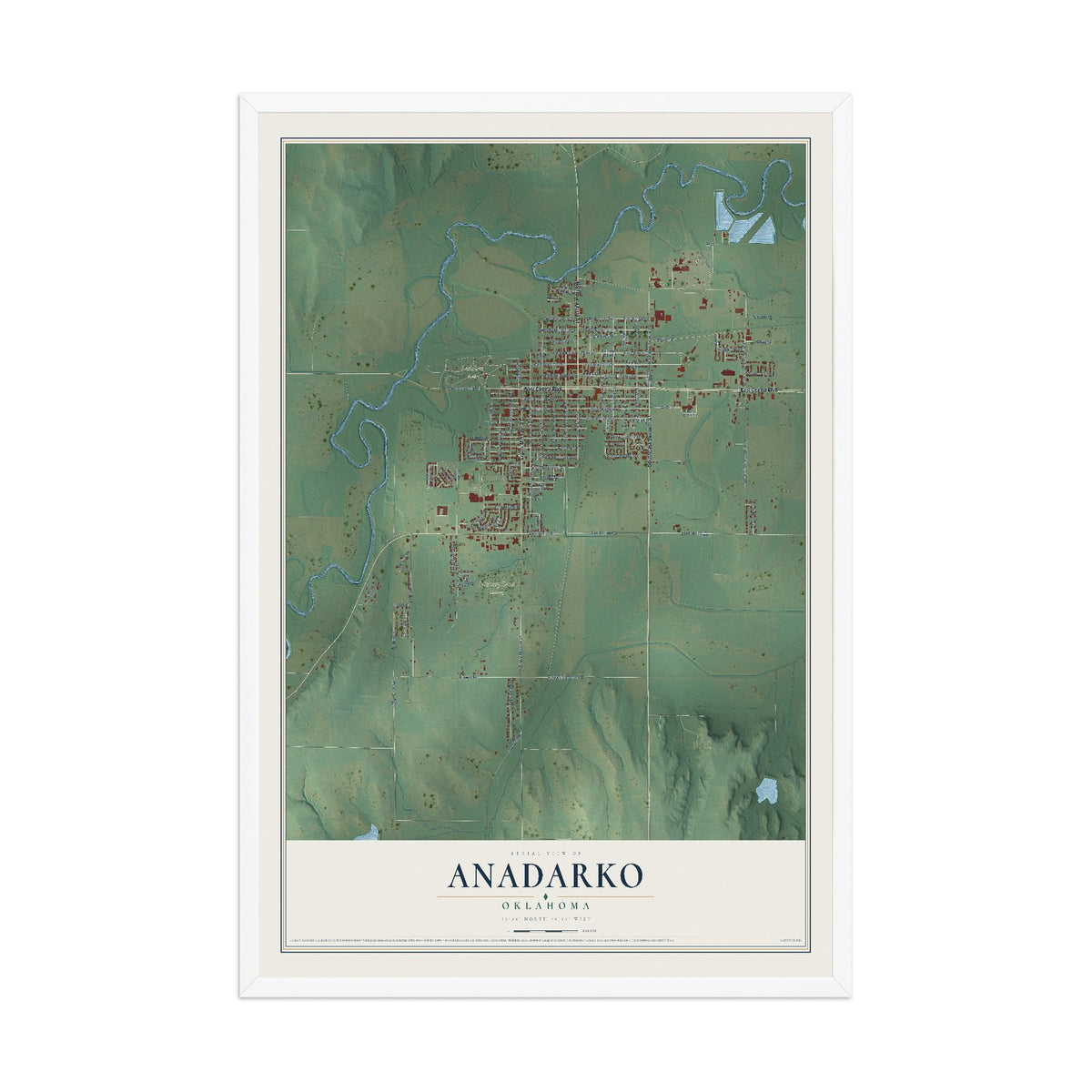 Map of Anadarko, Oklahoma, 12 x 18 inch print in a white wood frame