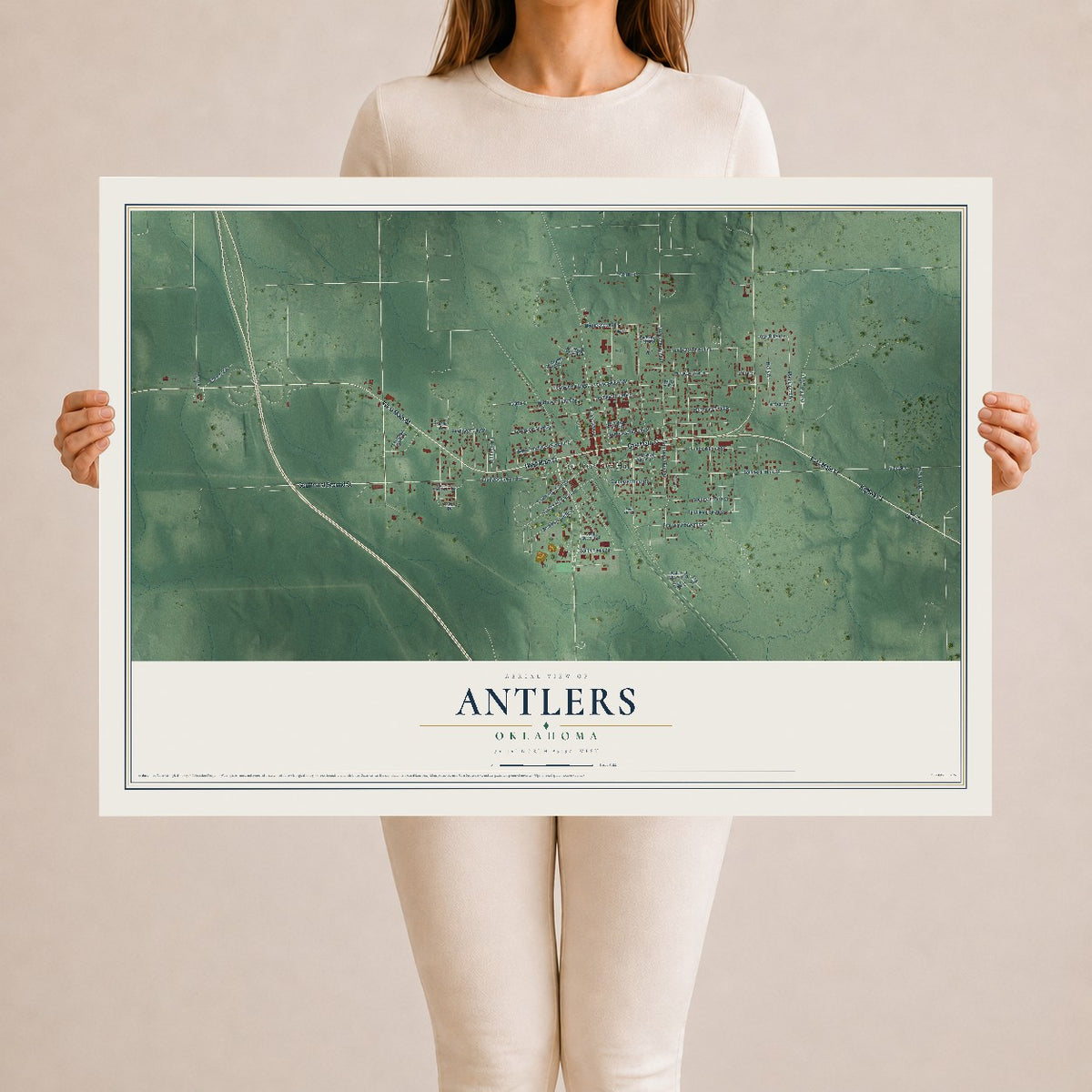 Map of Antlers, Oklahoma, 24 x 36 inch unframed archival matte print