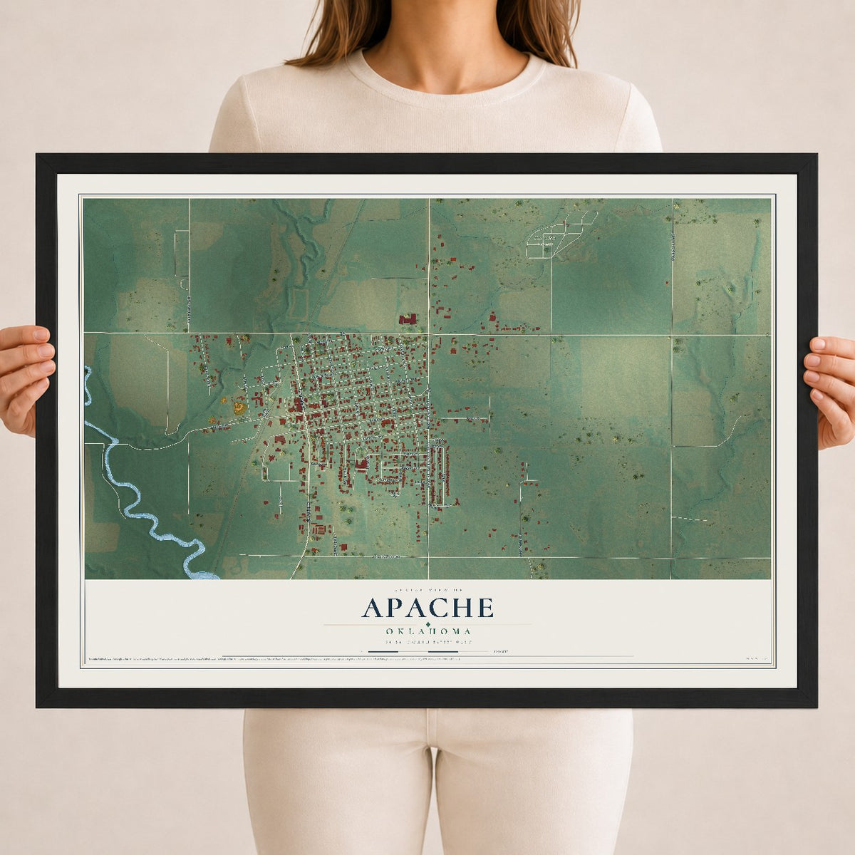 Map of Apache, Oklahoma, 18 x 24 inch print in a black wood frame