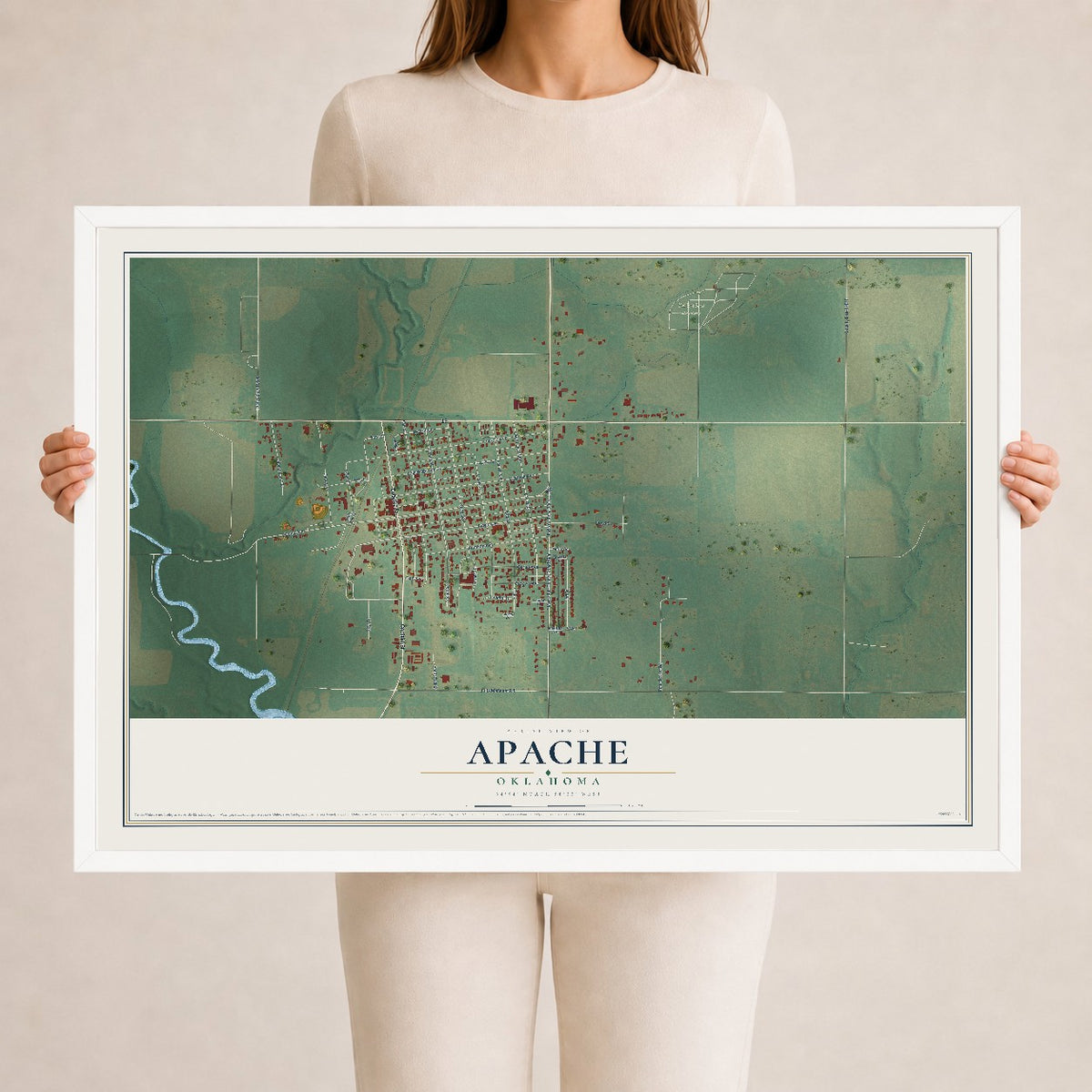 Map of Apache, Oklahoma, 24 x 36 inch print in a white wood frame