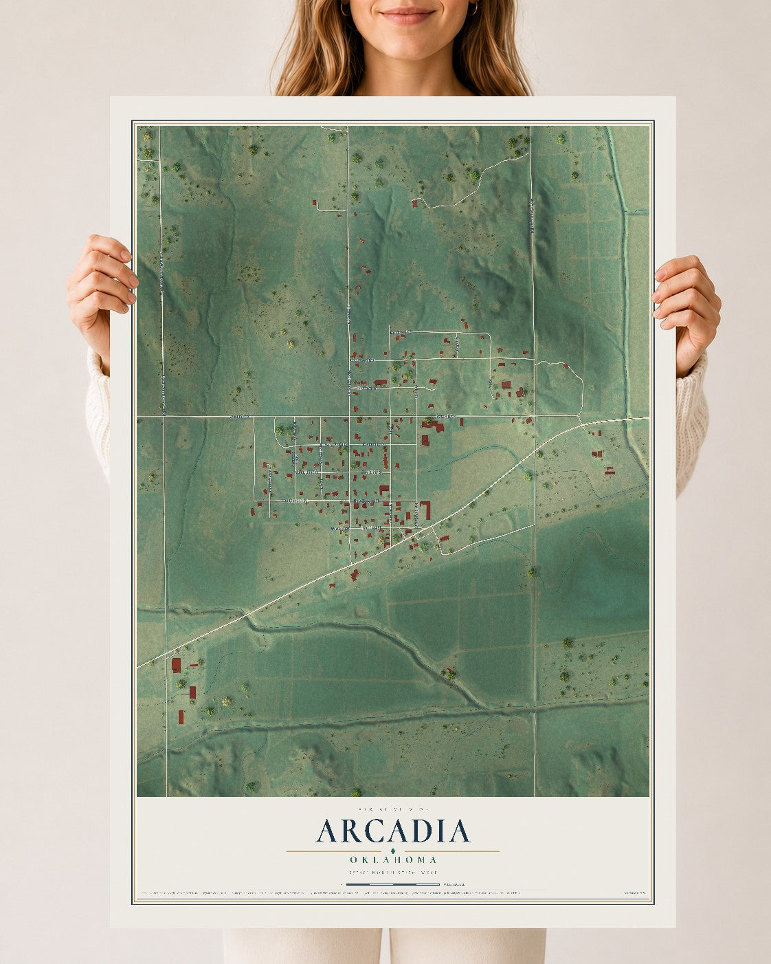 Map of Arcadia, Oklahoma, 24 x 36 inch unframed archival matte print