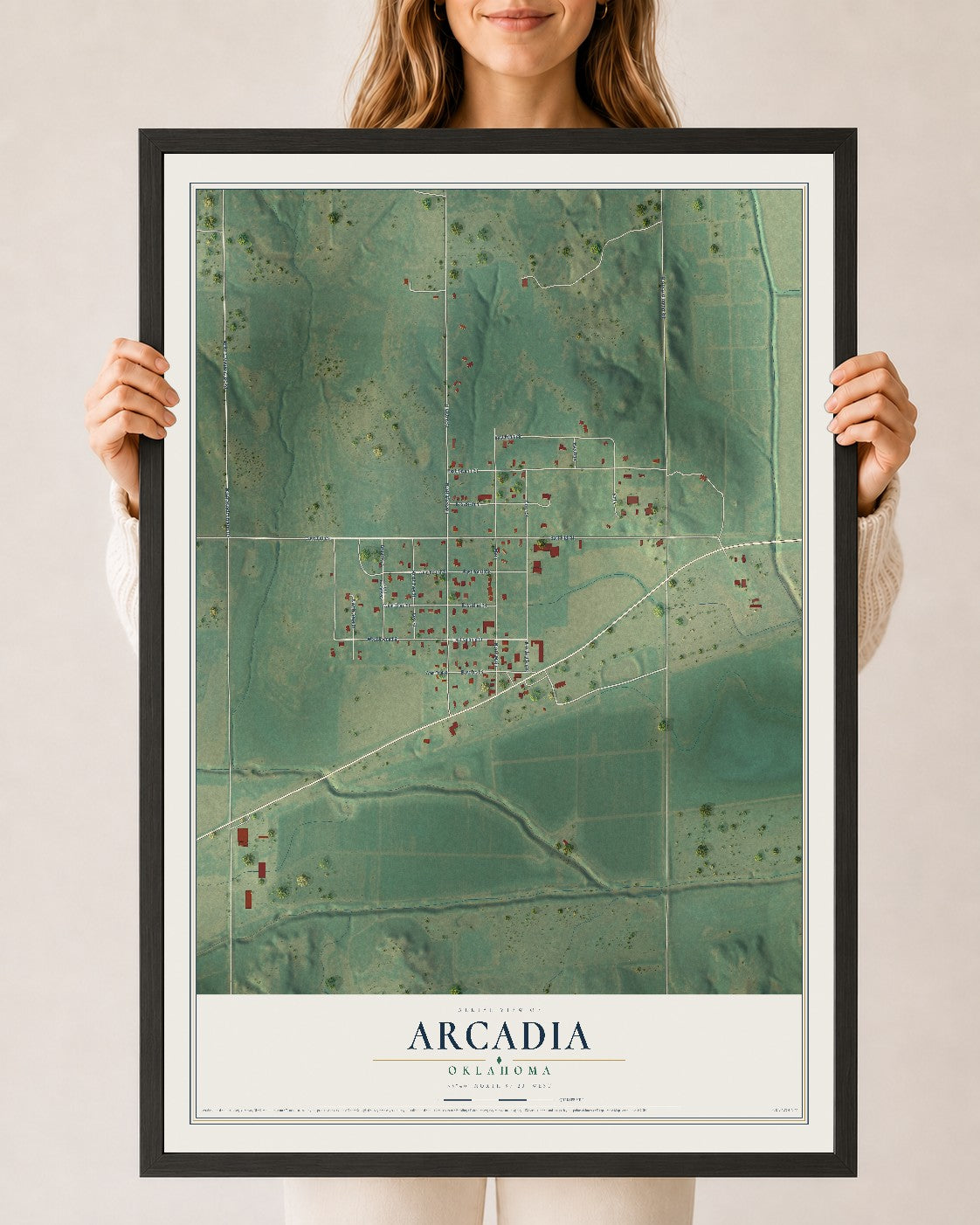 Map of Arcadia, Oklahoma, 24 x 36 inch print in a black wood frame