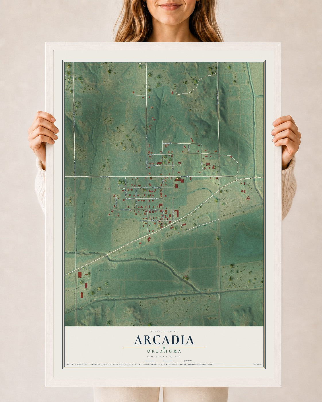 Map of Arcadia, Oklahoma, 24 x 36 inch print in a white wood frame